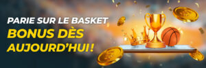 Pièces d’or, trophée et ballon de basket flottant sur un téléphone – bonus de paris basket disponibles.