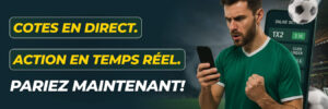 Homme pariant sur le football en direct via son smartphone avec cotes affichées. 