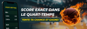 Smartphone montrant des cotes NBA et un ballon en feu – parier sur le score exact d’un quart-temps.