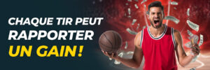 Joueur de basket tenant un ballon avec des billets volants – mise en ligne sur un grand match.