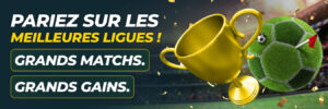 Trophée en or et visuels de football mettant en avant les grandes ligues. 