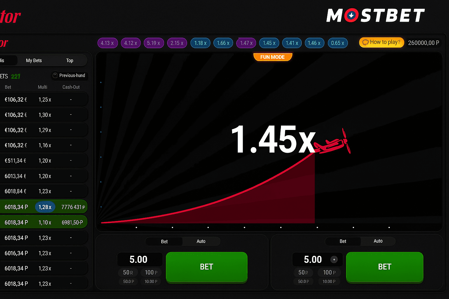 Aviator crash game interface on the MostBet online casino platform, showing active bets and multipliers.