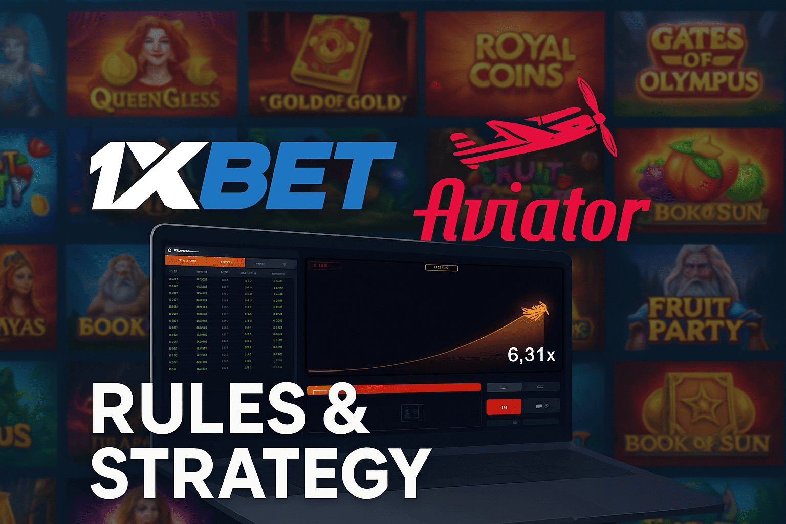 1XBET Aviator game interface with modern design and betting strategy visuals.