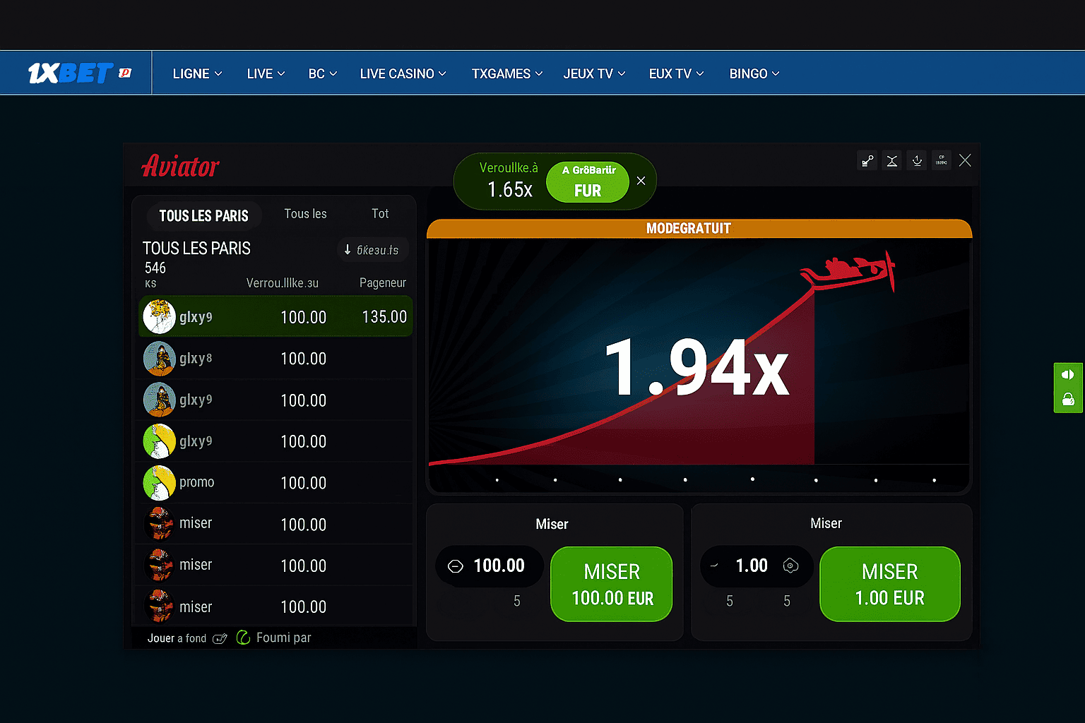 Aviator game interface in French with betting panel and crash multiplier display.