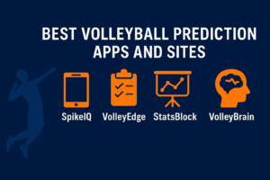 Volleyball player with top prediction app icons on dark blue background.
