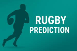 Silhouette of a rugby player running with the ball next to the text "Rugby Prediction" on a teal background.
