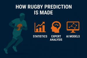 Rugby player running with ball next to icons labeled Statistics, Expert Analysis, and AI Models on a dark blue background.