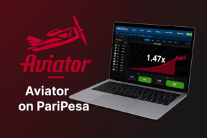 Aviator game on laptop with PariPesa branding.