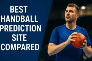 Handball player with comparison table and the title "Best Handball Prediction Site Compared" on a modern dark background.
