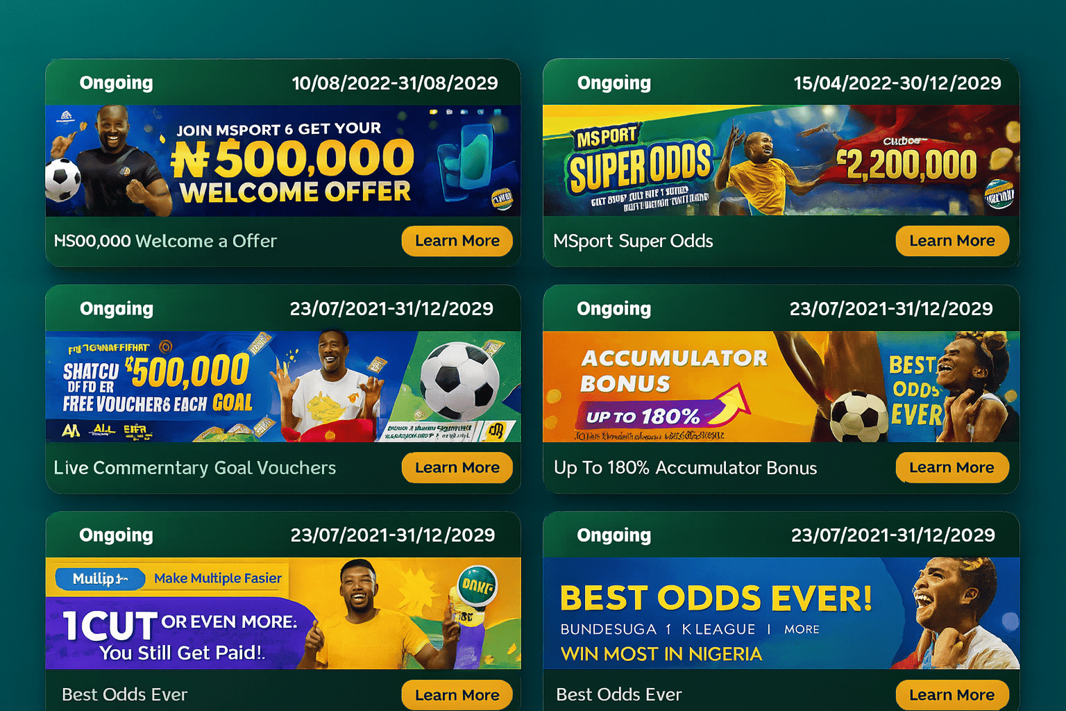 A grid of ten colorful promotional banners for ongoing MSport bonuses and offers, including welcome bonuses, lucky draws, rebates, and giveaways.