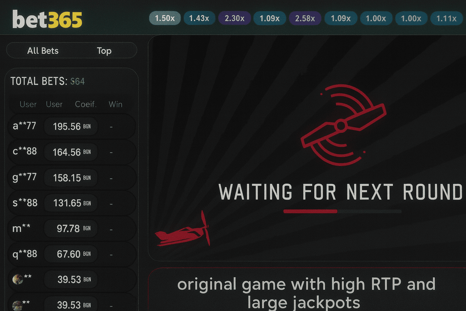 Bet365 Aviator game interface with visible logo and in-game betting panel.